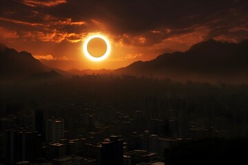 Canvas Print - City Under Crescent: A Dramatic Scene of a Partial Solar Eclipse Cast Over a Bustling Cityscape