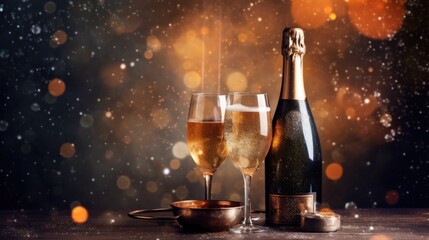 Wall Mural - champagne bottle and glasses on the table with bokeh light 