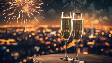 Wall Mural - two hands holding a glass of champagne with fireworks in the city background 