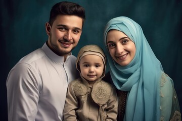 Family portrait - Muslim man, woman, and baby wearing headscarf Fictional Character Created By Generative AI.