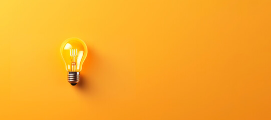 Glowing light bulb, on yellow background. Copy space for text. Banner is generated by AI.