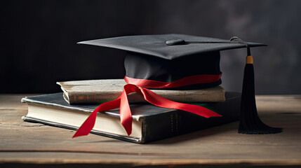 Canvas Print - A mortarboard and graduation scroll, tied with red ribbon, on a stack of old battered book with empty space to the left. Generative Ai