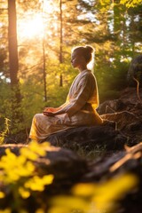 Woman is trying to meditate on a rock in the forest