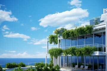 Office building facing sea green garden. Generate Ai