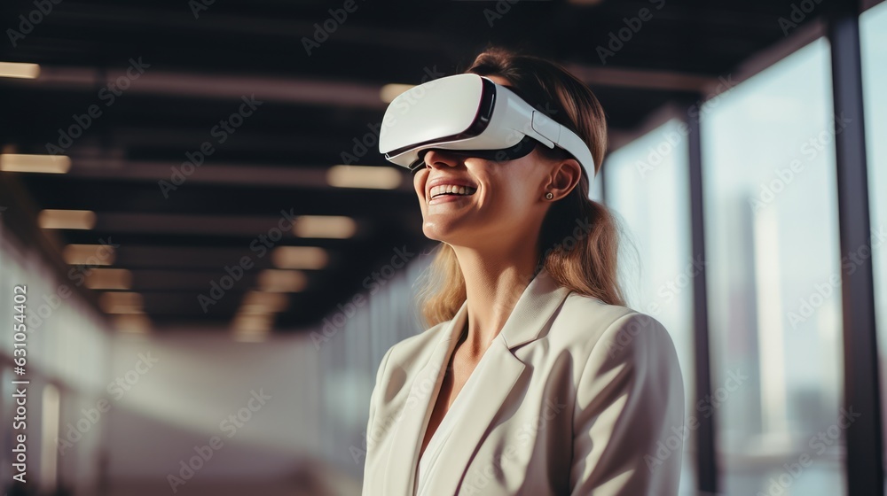 Business woman in formal suit using vr device goggle virtual reality ai ...