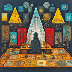 Wall Mural - Mystical esoteric room with fortune-teller reading for magic symbols. Generative AI