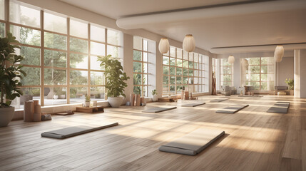 a bright and airy yoga studio, capturing the essence of physical and mental well-being
