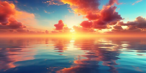 Wall Mural - Sunrise on the sea panorama, bright beautiful sunset clouds.