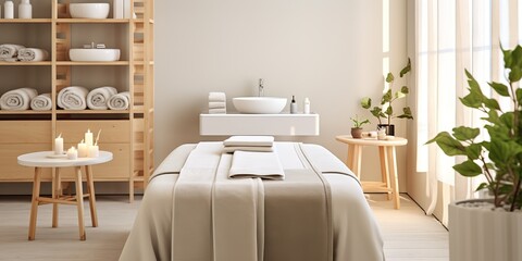 A new spa massage room with a set of natural organic skin care products ready to use and an empty bed with fresh white towels.