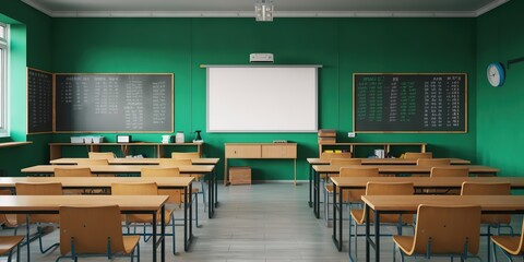 Poster - Empty interior of a school class with desks and chairs, space for text on the blackboard.