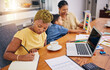 © Davids C/peopleimages.com - Remote work, lesbian couple and black woman with kid in home for learning math. African freelancer, taking notes and child with mothers for studying, adoption or interracial education with gay family