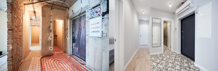 Wall Mural - Old apartment with brick walls and new renovated flat with doors, mirror, air conditioner and stylish design in white tones. Inferior of apartment before and after renovation.