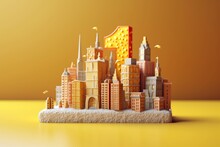 Yellow Cake In The Form Of A City, Decorated With The Number 1 Years, Houses.