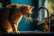 Cute Cat Drinking Water In The Bathroom. Selective Focus.