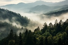 Smoky Cloudy Mountains Trees Earth. Generate AI