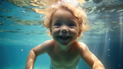 Happy kid having fun swimming underwater.