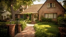Boho And Cozy Cottage Family House Exterior With Terracotta Brick Walls And Cute Front Yard