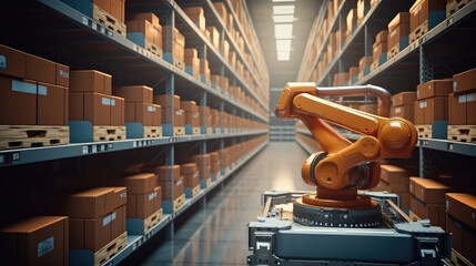 Aufkleber - Smart automation arm robot working at warehouses, Conveyor belt production line, Control by Artificial intelligence or AI.