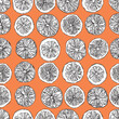 Seamless pattern with hand-drawn linear art cut black and white oranges on a orange background