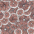 Seamless pattern with hand-drawn linear art cut grapefruits on a gray background