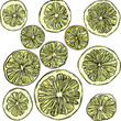 A set of hand-drawn linear art cut lemons 13 pieces of different sizes, black and white on a yellow background