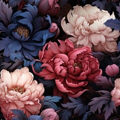 Canvas Print - Romantic floral seamless background with peonies.