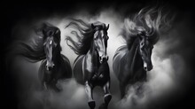 Three Black Horses Running Thru Darkness And Fog 