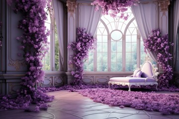 Castle room purple curtain romantic. Generate Ai