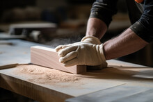 Close - Up Shot Of Hands Of Carpenter Wearing Gloves Cutting Mdf Board Inside Workshop