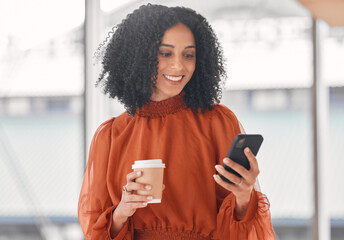 Poster - Chat, coffee and a woman with a phone at work for social media, email check or internet information. Smile, break and a young corporate employee on a mobile app and a drink in an office for business