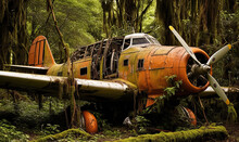 Abandoned Orange Aircraft In The Jungle
