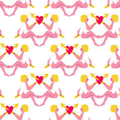 Wall Mural - Valentine funny angels seamless pattern. illustration in doodle style