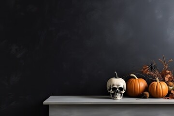 Wall Mural - Halloween decorative composition with skulls, pumpkins, skeleton on shelf . Minimalist style. Copy space. Close up. Generative AI.