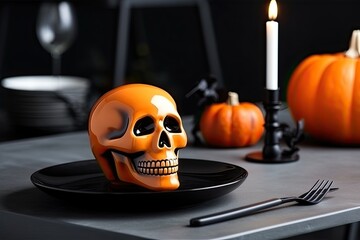 Halloween decorative composition with skulls, pumpkins, skeleton on shelf . Minimalist style. Copy space. Close up. Generative AI.