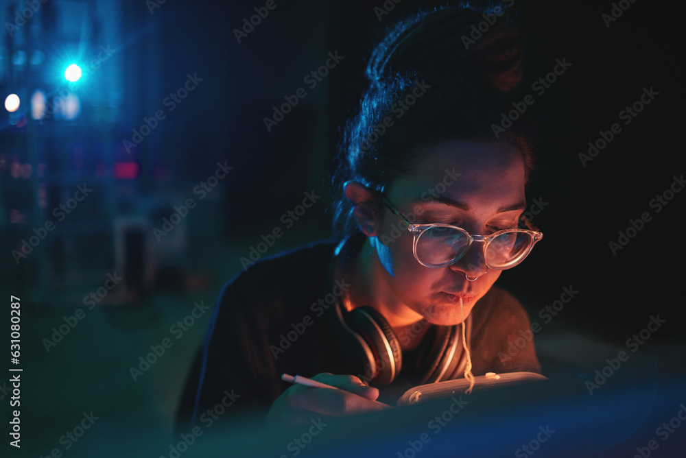 Cyber security woman, night and eating food, noodles or pasta after ...