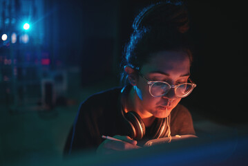 Aufkleber - Cyber security woman, night and eating food, noodles or pasta after coding software, online surveillance or research. Hungry programmer, dark room and face of female hacker with spaghetti dinner meal