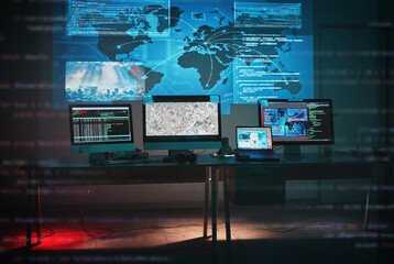 Fototapete - Cybersecurity, isolated and global presentation with map graphic for phishing and hacker data. Cyber crime, location and technology for firewall hacking and ransomware coding for system algorithm