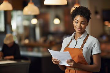 Wall Mural - African american waitress taking order on notepad