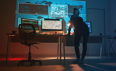 Aufkleber - Cybersecurity, woman and global network code for phishing, ransomware and cyber terrorism search. Maps, digital database and IT software in dark room for virtual malware hacking fix of employee back