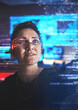 © aLListar/peopleimages.com - Woman hacker, glasses and cybersecurity, hologram info and vr malware, futuristic technology and login privacy. Data protection overlay, iot dashboard and tech programmer with virtual reality goggles