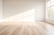 © James Ellis - Empty room with white wall and hardwood floor with natural light from a window, ai generative