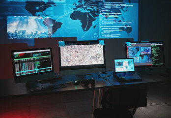 Fototapete - Cybersecurity, computer and global network info with map graphic for phishing and hacker data. Cyber crime, isolated and technology for firewall hacking and ransomware coding for system algorithm