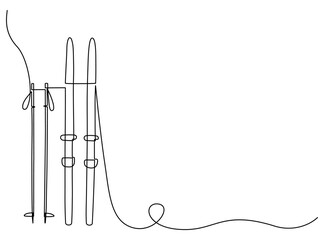 Wall Mural - Continuous one line drawing of skis and ski poles. Vector illustration