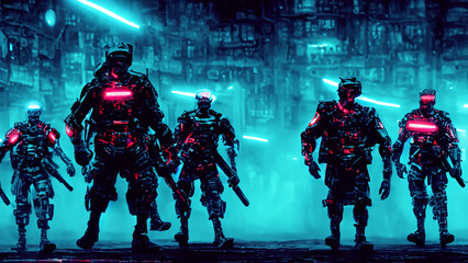 Wall Mural - Cyberpunk police soldiers patrolling a dystopian city of the future. Dark colors of the illustration. 4K