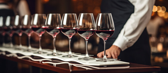 waiters from catering service with wine glasses on the event. buffet table celebration of wine tasti