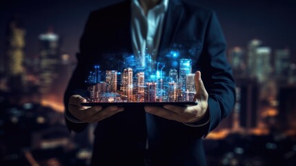 Wall Mural - Businessman holding a tablet with modern building skyscraper 