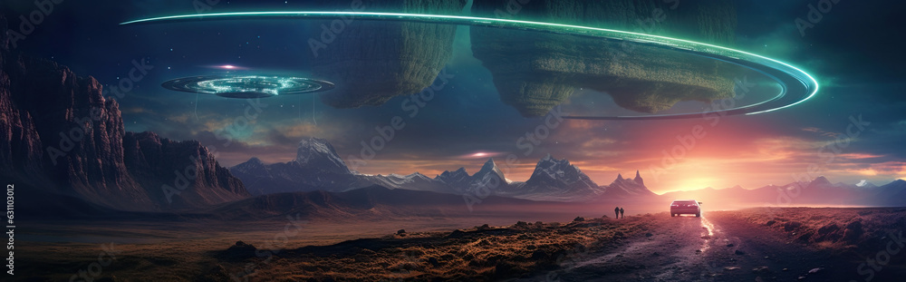 Wide-angle shot of Fantastic landscape with huge UFO against mountains ...