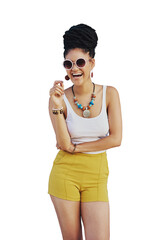 Sticker - Sunglasses, fashion and portrait of woman for summer with streetwear, trendy clothes or shades. Girl, happy and excited model with cool style, laughing and isolated on a transparent png background