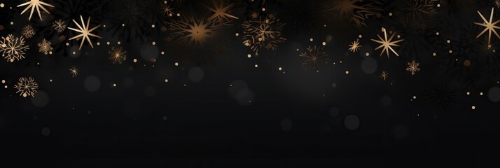 Luxury background with snowflakes and golden bokeh. Glowing sequins. Abstract black and gold elegant banner. New year 2024 greeting card. Deluxe Merry, Generative AI