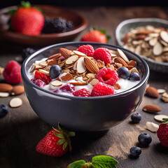 Wall Mural - Bowl with homemade granola, yogurt and fresh berries.  Generative AI